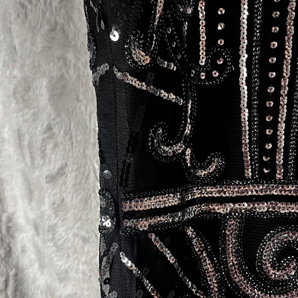 Black & silver beaded midi dress with fringe hem SIZE M - Picture 6 of 8